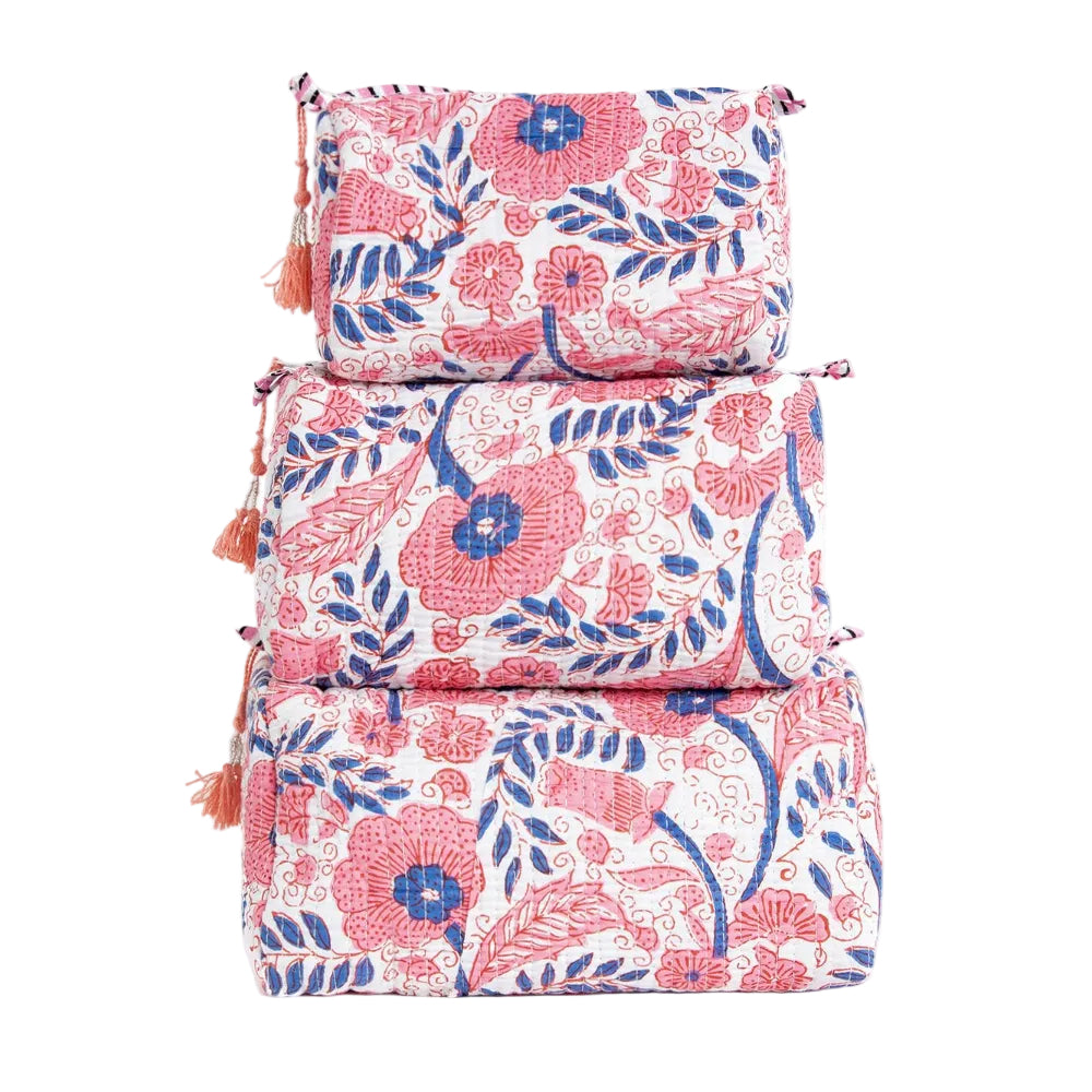 Quilted Toiletry Bag Set-Pink & Blue Floral