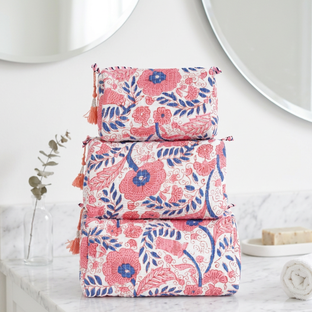 Quilted Toiletry Bag Set-Pink & Blue Floral