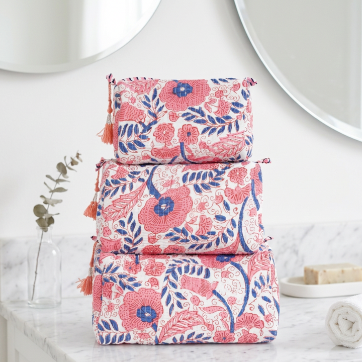 Quilted Toiletry Bag Set-Pink & Blue Floral