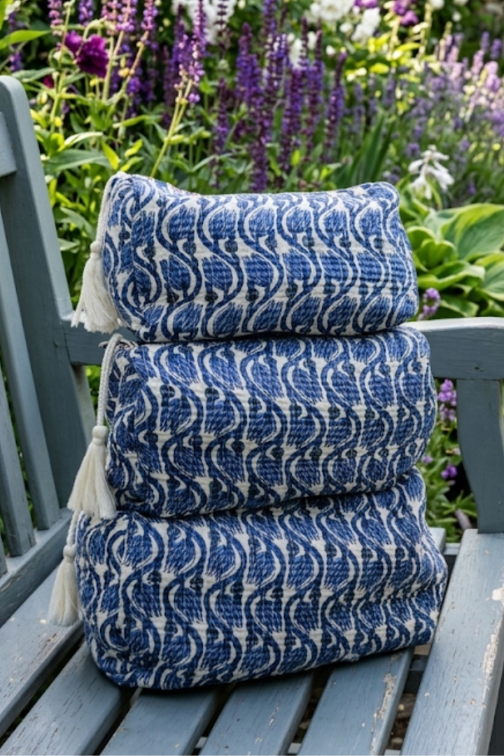 Quilted Toiletry Bag-Set/Blue & Green Pattern