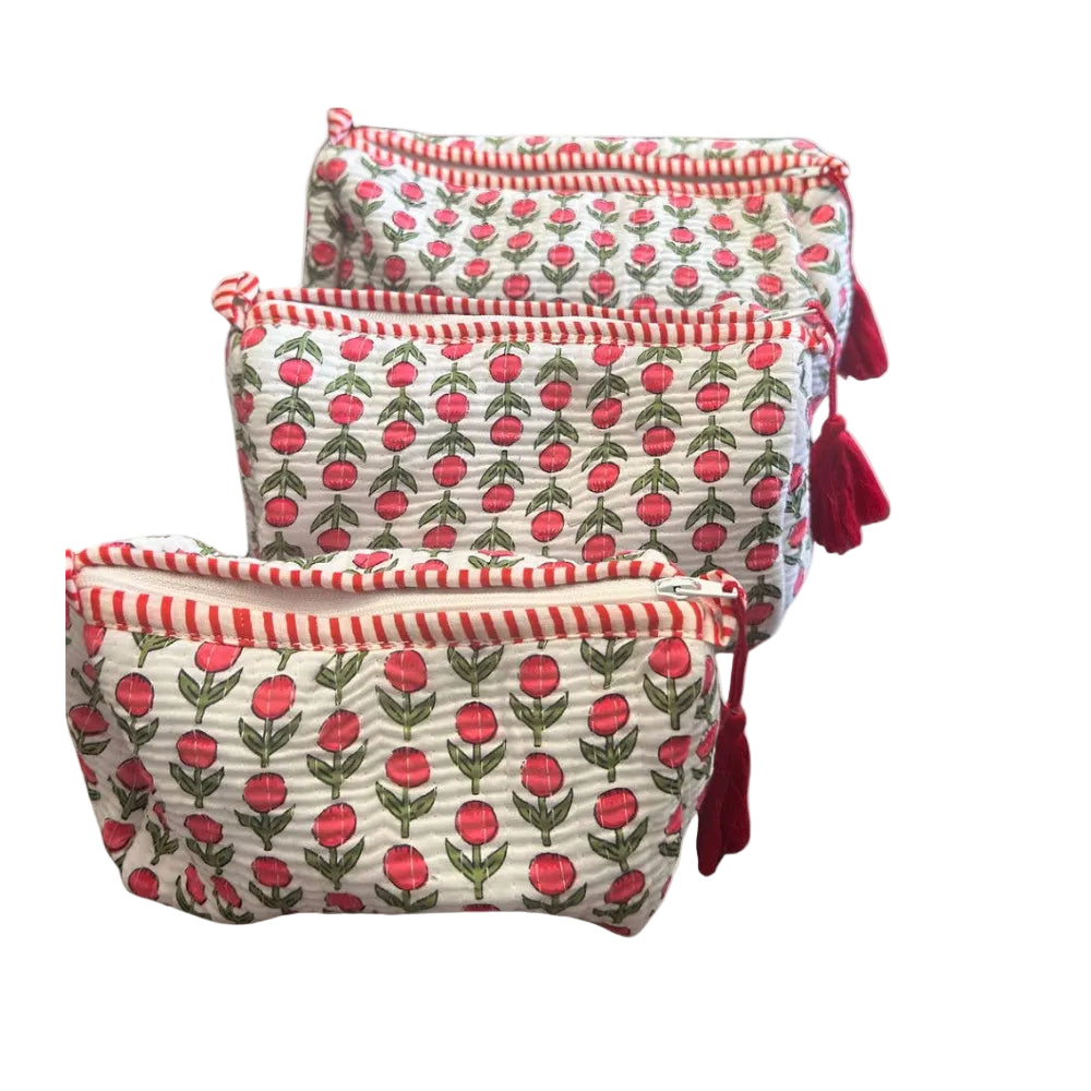 Quilted Toiletry Bag Set-Pink & Green Small Flowers