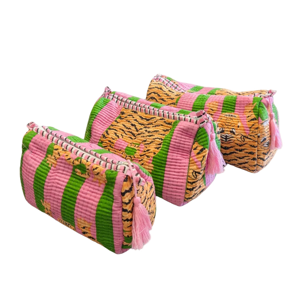 Quilted Toiletry Bag Set-Pink & Green w/Tiger