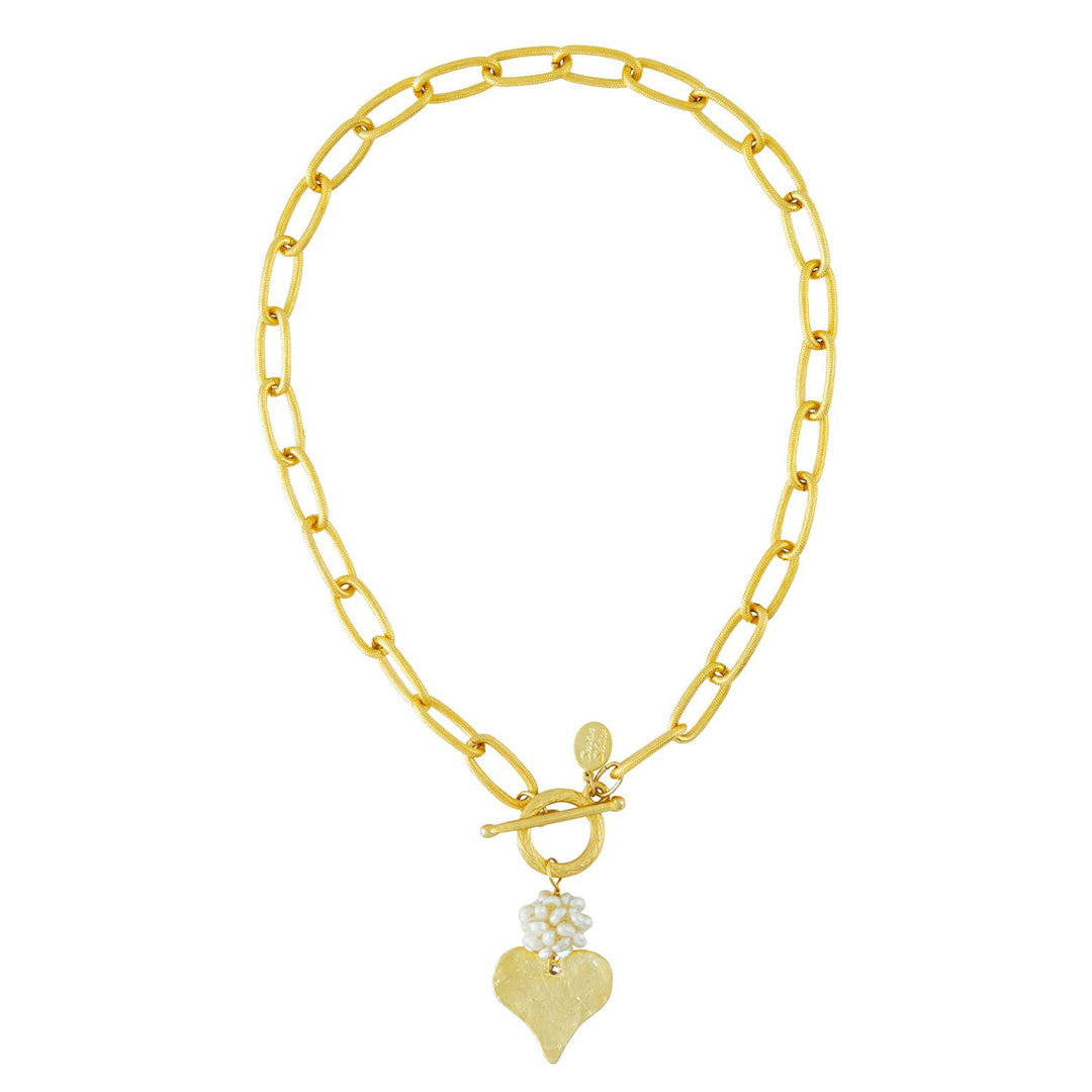 Gold Hand Cast Heart with Pearl Cluster and Double Drops