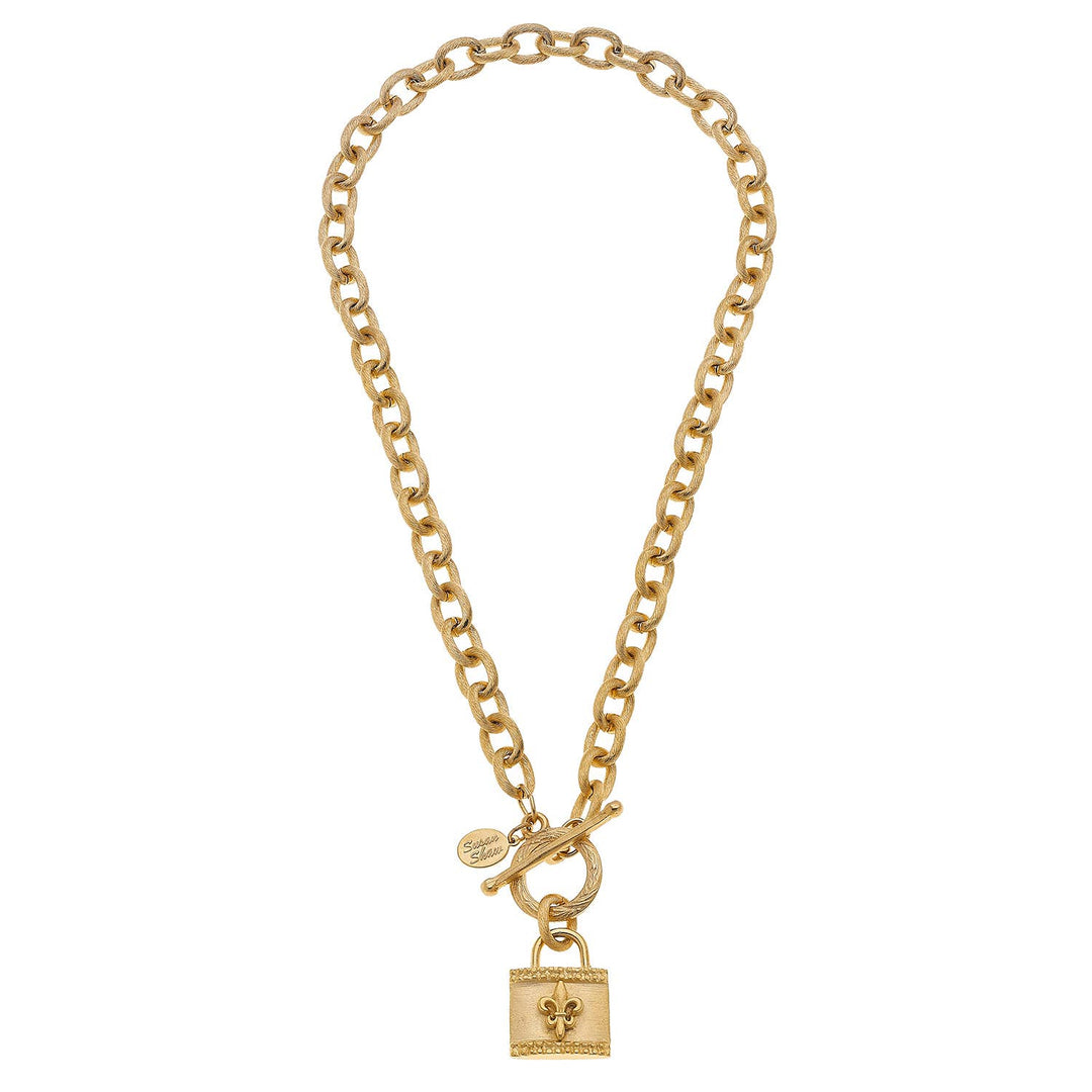 Gold Fleur De Lis Lock Chain Toggle Necklace