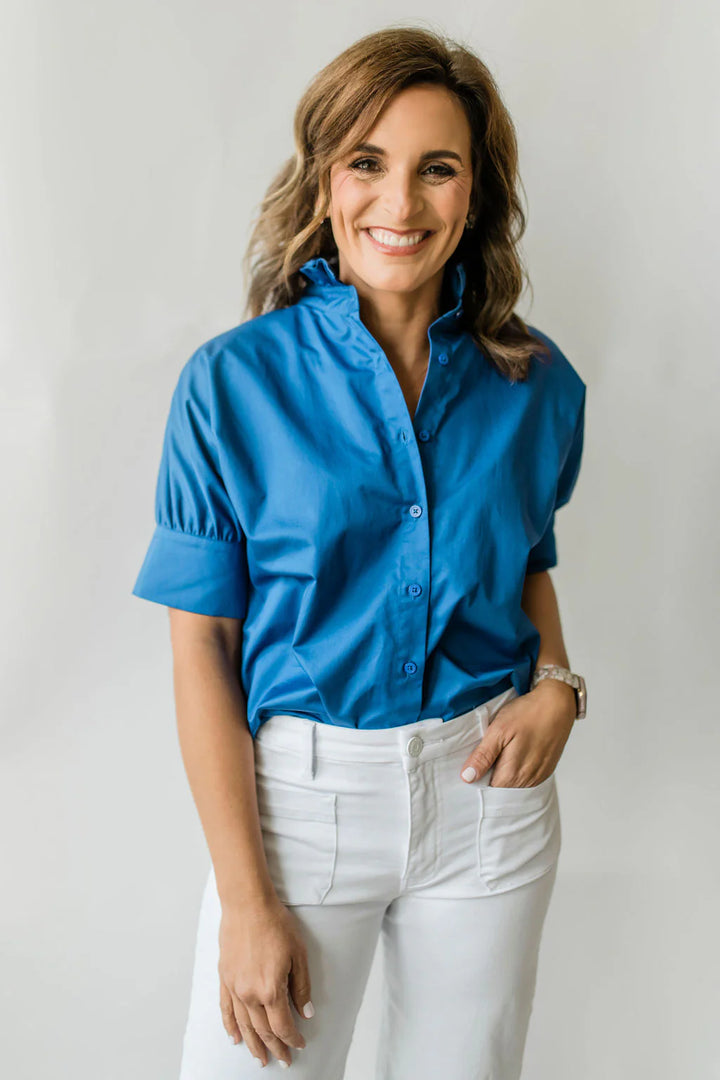 Ruffle Shirt Short Sleeve Bright Blue
