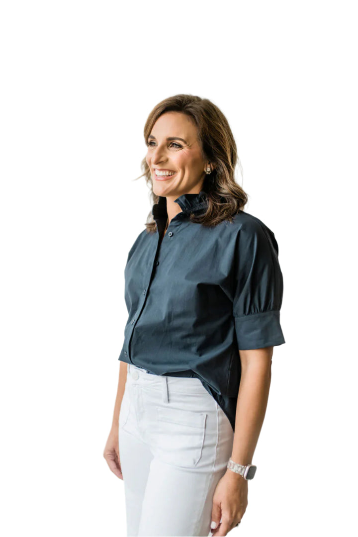 Ruffle Shirt Short Sleeve Navy
