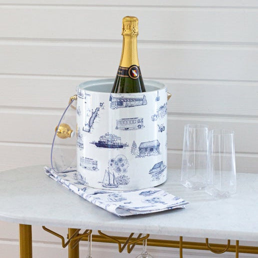 Door County Toile Ice Bucket White & Navy