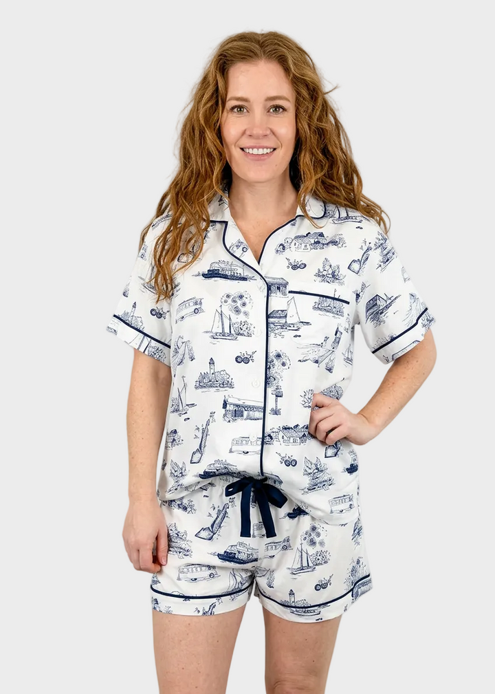 Door County Toile White & Navy Pajama Short Set