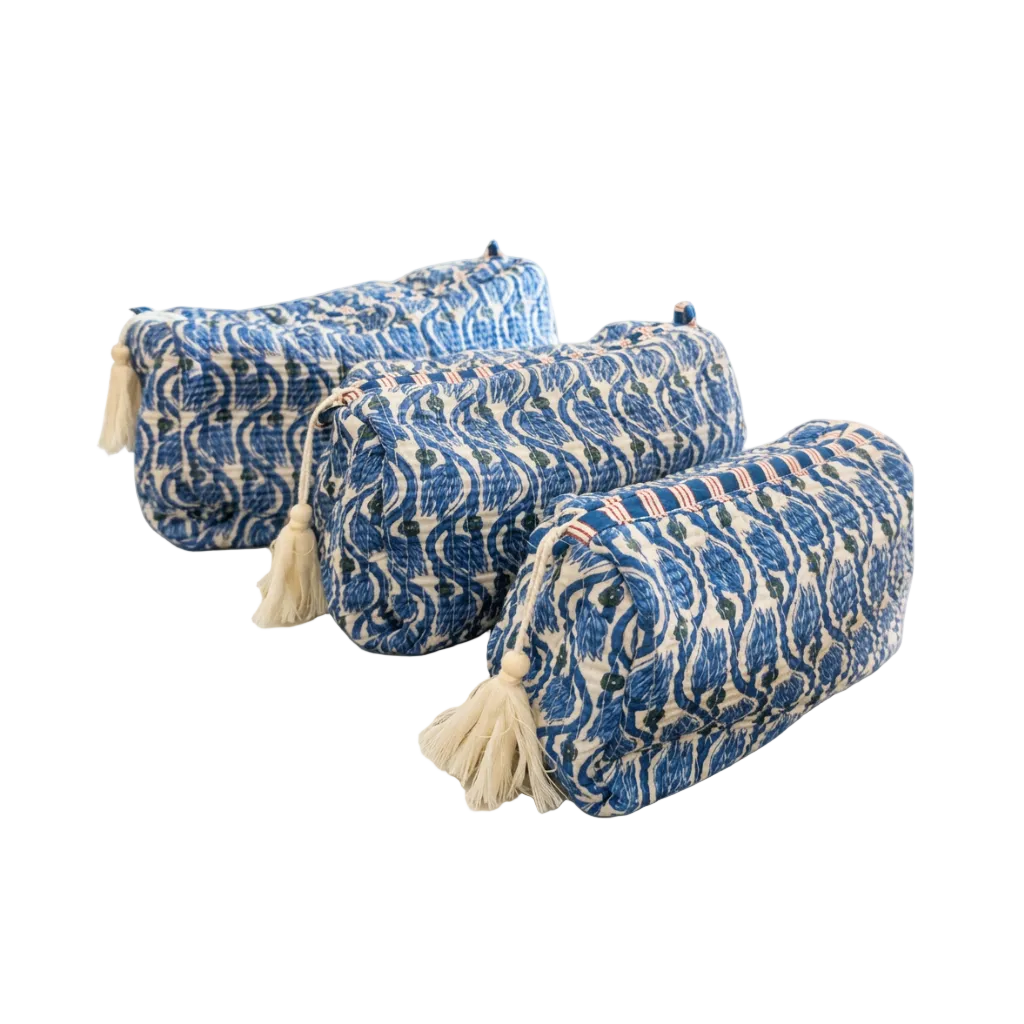 Quilted Toiletry Bag-Set/Blue & Green Pattern