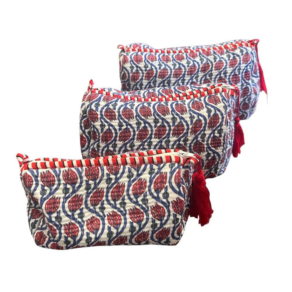 Quilted Toiletry Bag Set/Blue & Red Pattern