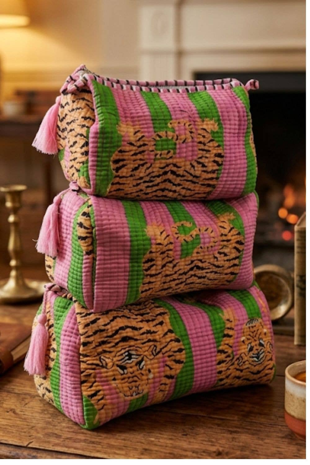 Quilted Toiletry Bag Set-Pink & Green w/Tiger